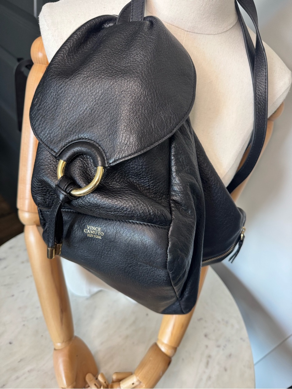 Vince Camuto Black Leather Ring-Detail Backpack